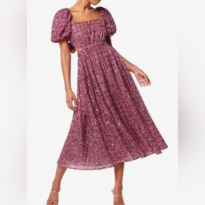 Elliatt Aubree Puff-Sleeve Sequin Midi-Dress / Pink size medium